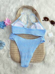 Swim Mod 两件套女士沙滩装，时尚可爱，适合度假、海滩、派对、游艇等场合，条纹印花U领可调节吊带抹胸上衣和可调节巴西式比基尼泳裤套装 - 彩色 - 查看 5