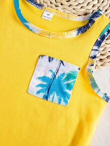 SHEIN Young Boy Tropical Print Vest And Shorts 2 Pieces Set, Casual Holiday Outfit Kids Tropical Outfit Boy Outfit Summer Toddler Boy Beach Set