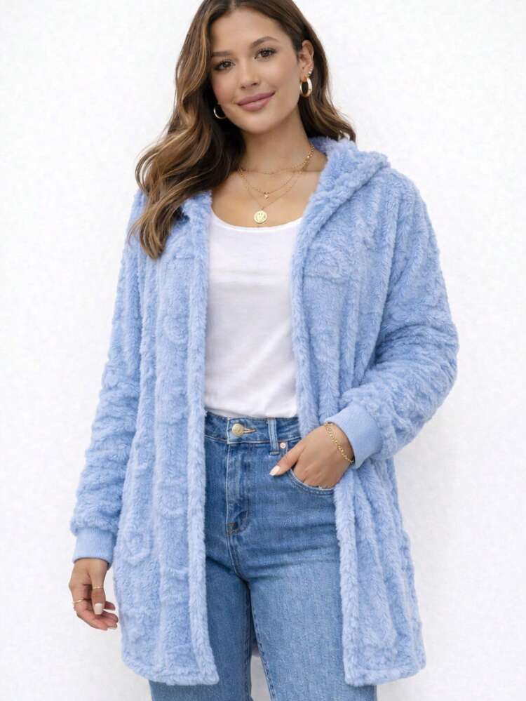 Abrigo Ligero Delgado Calentito De Peluche con Puño, de uso diario, informal otoño invierno, casual con capucha corazones - Azul - Añade 3