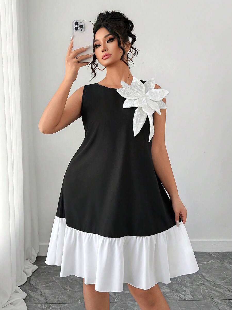 Elenzga 大码女士优雅花卉拼接连衣裙，休闲、约会、通勤、毕业典礼、假日、情人节、音乐节、母亲节、万圣节、感恩节、复活节、国庆节、舞会、约会派对、婚礼季、户外活动皆宜 - 黑色 - 查看 1