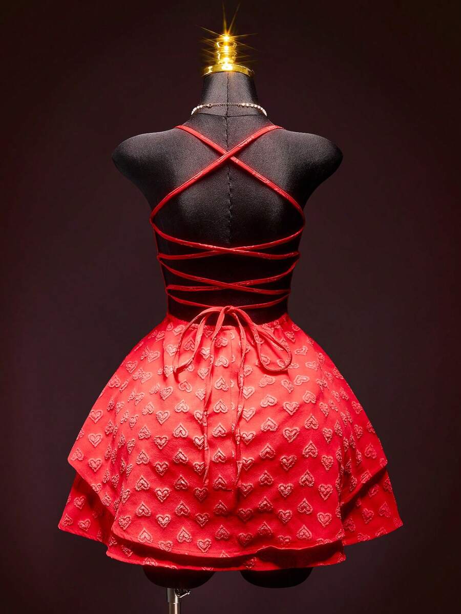 SHEIN ICON 女士性感时尚心形提花垂褶领吊带迷你连衣裙 - 紅色 - 查看 1