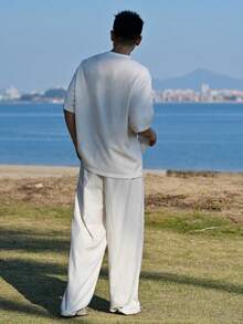 DAZY 男士休闲日常通勤度假简约圆领短袖T恤和阔腿裤套装，春夏秋季 - 杏色 - 查看 2