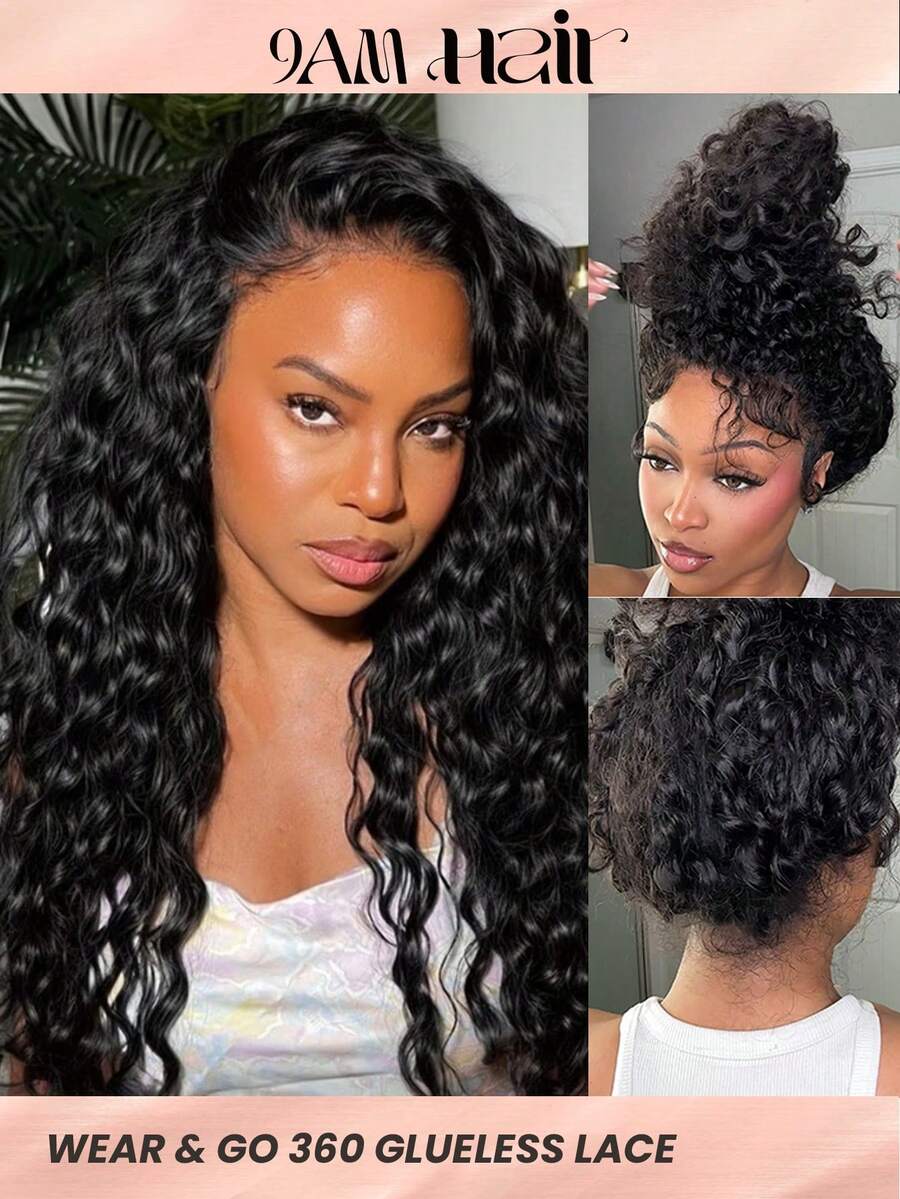 Invisi Draw-Strings Water Wave 360 Lace Frontal Glueless Wig With Bleached Knots Wear And Go Glueless Human Hair Wig Pre-Plucked Hairline 180% Density 14-26 Inch Unprocessed Virgin Hair Vacay Vibes Active Energy Travel Essential Holiday - SNatural - View 1
