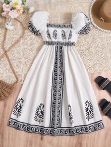 SHEIN Tween Girls Elegant Ruched Floral Print Puff Sleeve A-Line Dress,Black And White,Summer Party,Casual Vacation Family Gathering Daily Commute Dress - Apricot - View 6