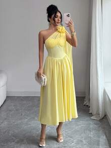 Rafferiza Mẫu đầm midi dáng suông, thanh lịch kiểu Pháp đơn giản, vai lệch, họa tiết hoa, eo thắt, chất liệu trang trí, dành cho nữ, thích hợp cho mùa xuân/hè. - Màu vàng - Xem 6