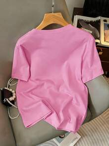 EMERY ROSE 女士休闲圆领3D蝴蝶结短袖T恤，夏季款式，大码上衣 - 粉色 - 查看 2