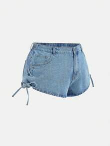 Sweetra Damen Oversize Denim Shorts mit Schleife an der Taille, weite hochgeschnittene schlankende A-Linie sexy Micro Shorts - Mittele Waschung - Übersicht 5