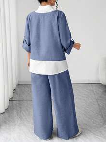 Elenzga Bộ đồ thể thao 2 trong 1 dành cho nữ cỡ lớn, tay áo bo gấu, kiểu dáng thường ngày gồm áo và quần ống rộng. - Nhiều màu - Xem 2