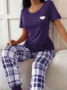 爱心印花短袖上衣和格子印花长裤女士睡衣套装，休闲款 - 紫色 - 查看 7