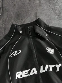 AXEPEAK Men's Letter Print Long Sleeve Zip Front Casual Jacket - Black - View 5