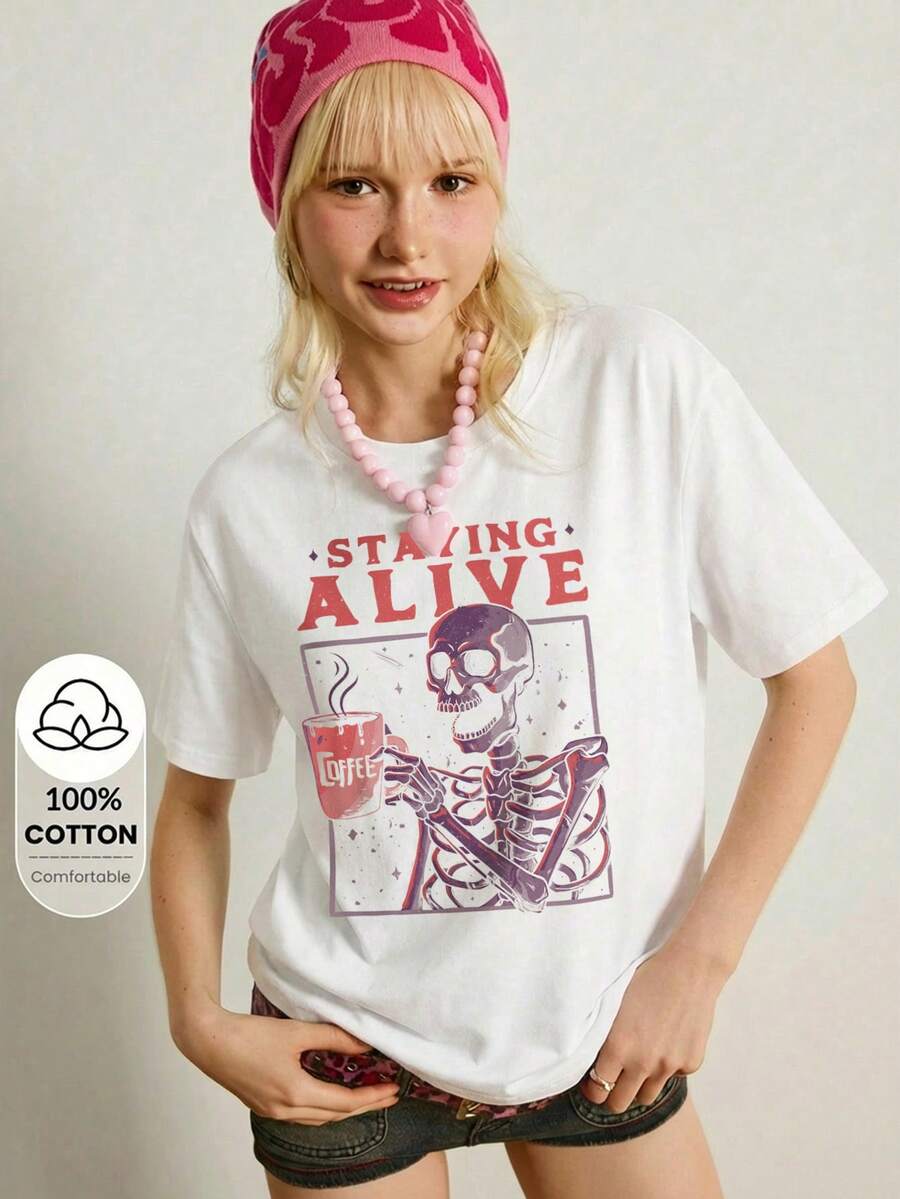 Y2Kool Eduely Women's Winter White New Year Spicy Girl Y2K Millennium Slogan Print Round Neck Short Sleeve Casual T-Shirt Y2k Clothes Women Tops Graphic Tees Women Oversized Women's Graphic Tee Tshirts For Women Graphic Oversized T-Shirt 2000s Style Clothes Gyaru Cotton Funny Tshirts Women - White - View 1