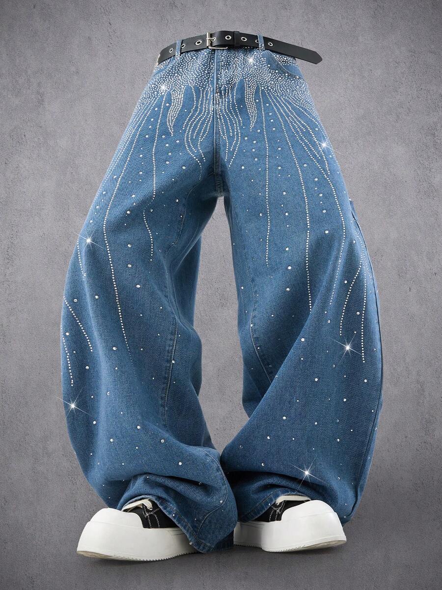 Manfinity Denimwave 时尚水钻装饰牛仔阔腿裤，男女皆宜的街头服饰 - 藍色 - 查看 1