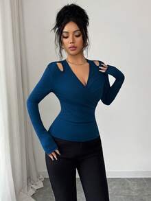 Modelyn Women's Solid Color Cutout Shoulder Long Sleeve Ruched Fitted Fashion T-Shirt Dark Blue Top Office Siren Blue Top Women Office - Black - View 3