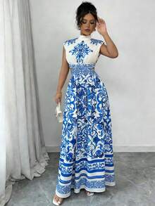 Rafferiza 女士优雅度假浪漫印花无袖露腰长裙 - 藍色 - 查看 6