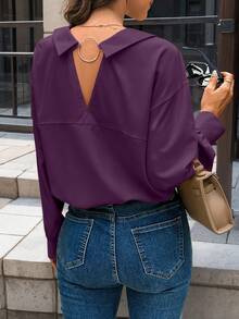 EMERY ROSE Women's Casual Versatile Solid Color Long Sleeve Shirt - Purple - View 3