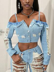 Slaydiva 女士单排扣做旧长袖短款牛仔外套，时尚百搭，适合度假和派对穿着，露肩设计 - 淺色水洗藍 - 查看 5