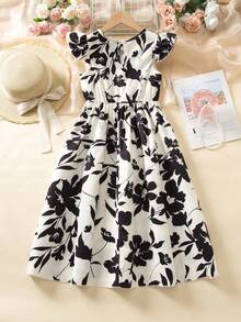 Sparklyn Girls Floral Print Pattern Flutter Sleeve Waist Cinched Dress - Multicolor - View 2
