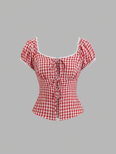 Sweetra Women's New Fashion Versatile Plaid Contrast Lace Trim Cinched Waist Plaid Short Sleeve Blouse