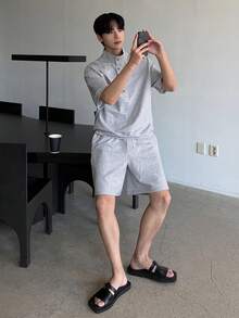 DAZY Men's Loose Gray Button-Up Half Placket T-Shirt Set, Summer - Grey - View 5