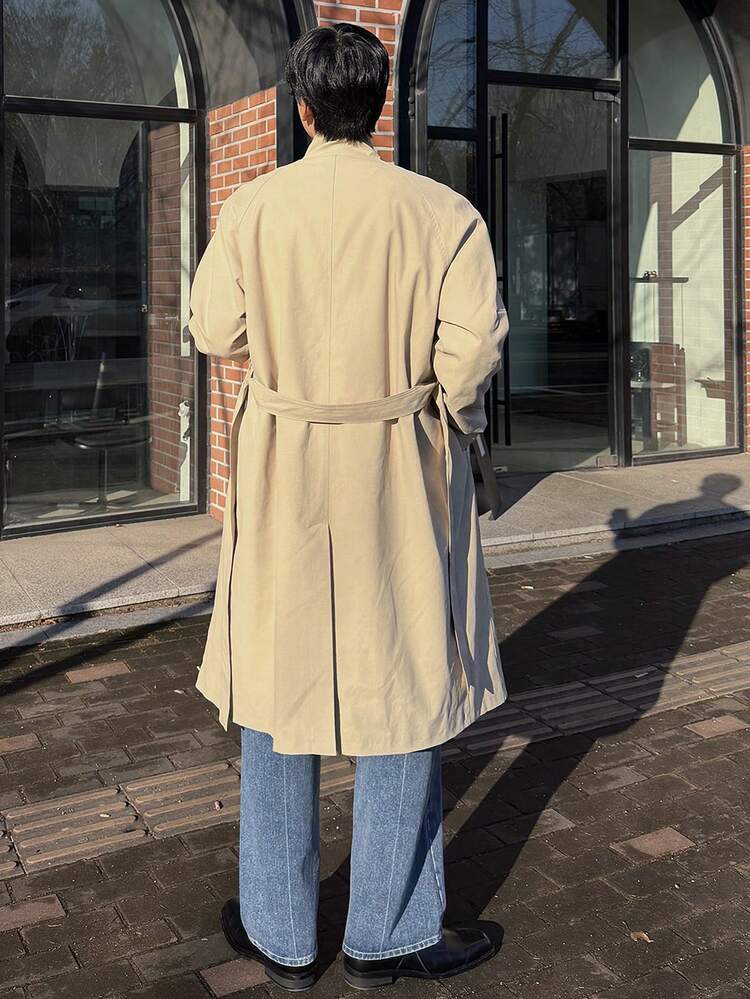 Khaki Plaid Lining Long Men's Trench Coat, Spring