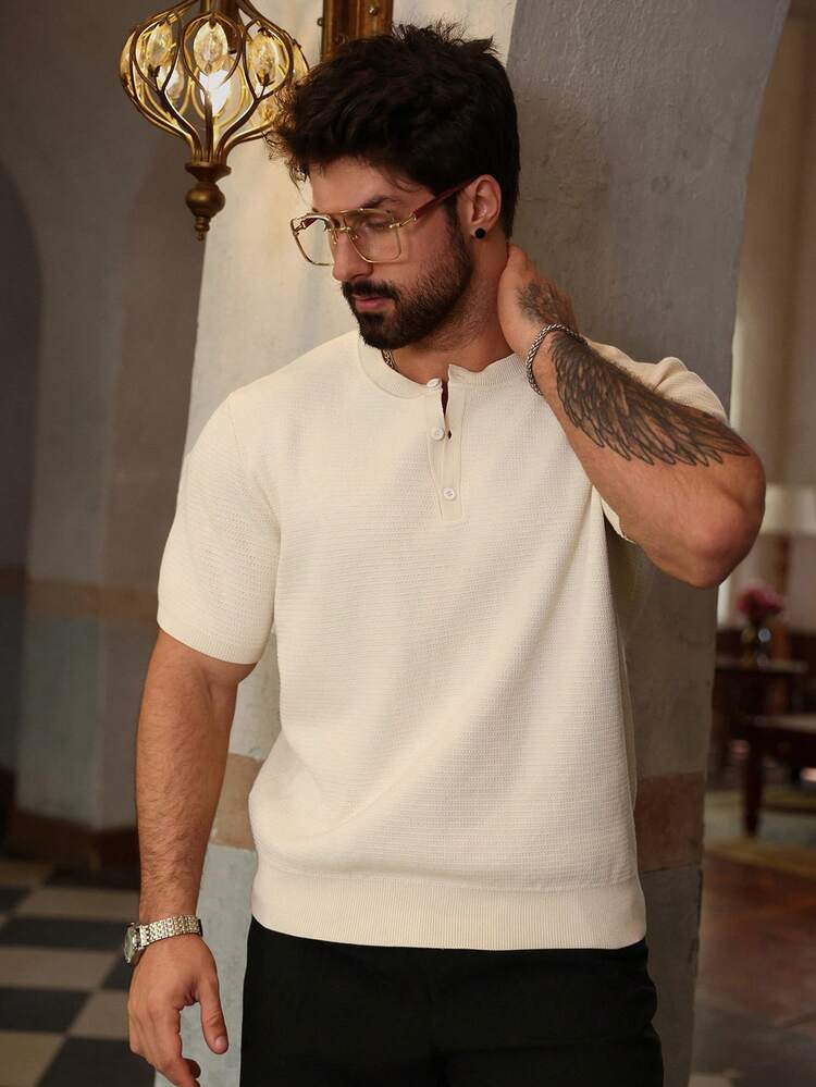 Men's Solid Color Beige Half-Placket Short Sleeve Knit Top, Summer