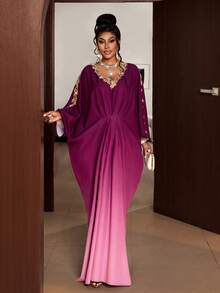 Maweii Đầm dài dáng suông cổ chữ V tay cánh dơi màu gradient thanh lịch dành cho nữ cỡ lớn, thích hợp cho các bữa tiệc mùa xuân/hè. - Nhiều màu - Xem 4