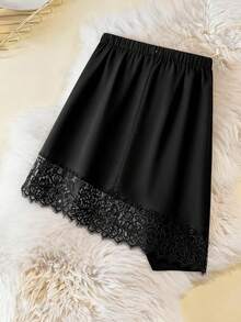 Rometta Plus Size Women Suit Material Ruched Asymmetrical Hem Lace Patchwork Elegant Skirt, Suitable For Commuting And Outings  Day - Black - View 2