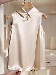 GlowEve CURVE Áo kiểu không tay bằng satin thắt nơ dành cho nữ cỡ lớn, thanh lịch cho mùa xuân/hè. - Màu be - Xem 2