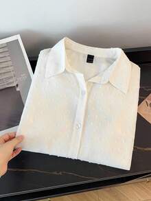SHEIN CURVE+ Plus Size Summer Casual/Work Solid Color Front Button Swiss Polka Dot Shirt - White - View 5