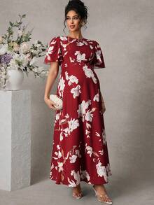 Momance Vestido de maternidad elegante y romántico con cuello redondo, mangas con volantes y estampado digital ajustado - Rojo - Ver 4