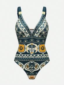 Swim Oasis 女士棕榈树印花吊带连体泳衣，配同款罩裙 - 彩色 - 查看 7