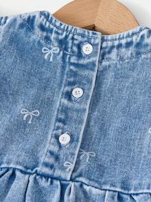 Young Girl Cute Bow Print Puff Sleeve Denim Top And Jeans Set, Suitable For Casual Daily Fashion Wear, City Walk Girl Essential Item, Minimalist Versatile Daily OOTD Photo Shoot And Outing - Medium Wash - View 5