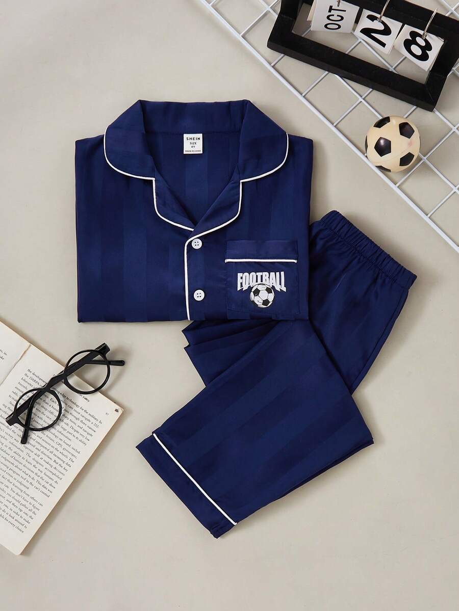 2件套男童提花足球印花短袖上衣和裤子睡衣套装，春夏款 - 寶藍色 - 查看 1