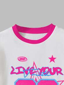 2pcs/Set Young Girls' Fashionable Numeric & Graphic Print White Tee + Magenta Cargo Pants, Casual & Comfortable, Matching Set - Multicolor - View 4