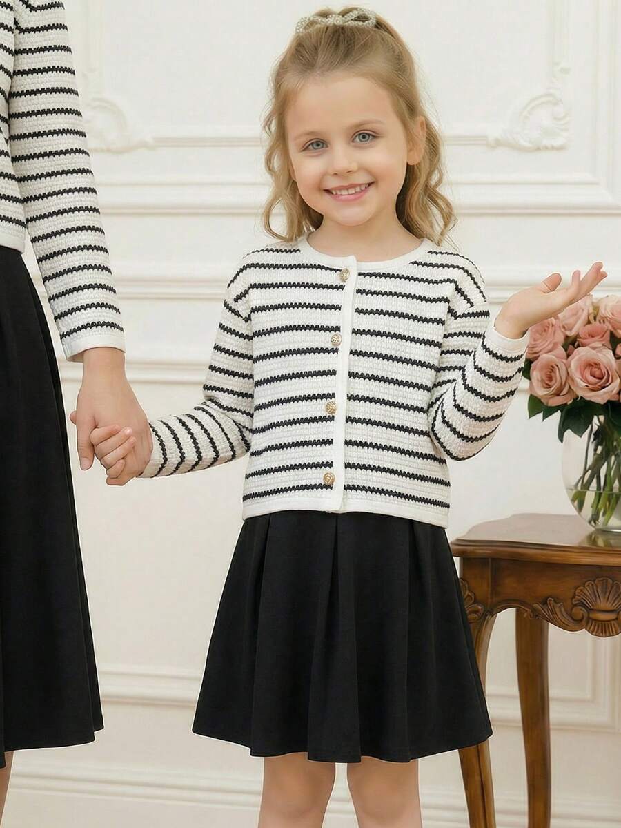 PrepCrw 2pcs Young Girls Elegant Black & White Striped Cardigan & Pleated Mini Skirt Set,Back-To-School,Autumn,Family Matching,Collegiate Casual Clothes Kids