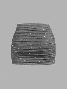SHEIN MOD Women's Casual Minimalist Ruched Bodycon Mini Skirt, Silver Glitter Pattern