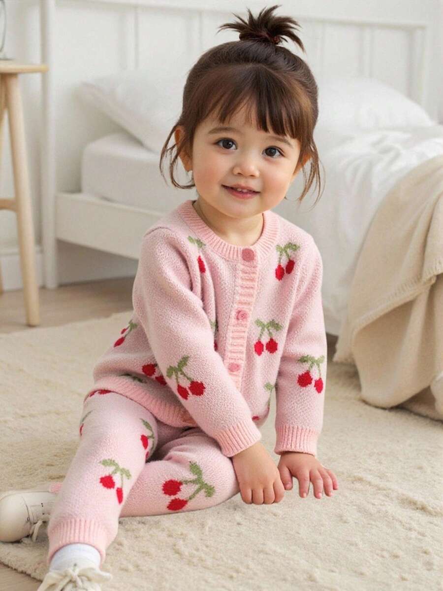 SHEIN 女婴针织毛衣套装，粉色樱桃图案，柔软舒适，适合休闲、户外、旅行、度假、居家、日托和玩耍