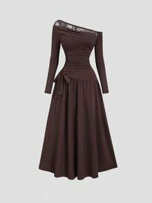 Sweetra 女士新款优雅撞色蕾丝纯色蝴蝶结长袖弹力中长连衣裙 - 棕色 - 查看 1