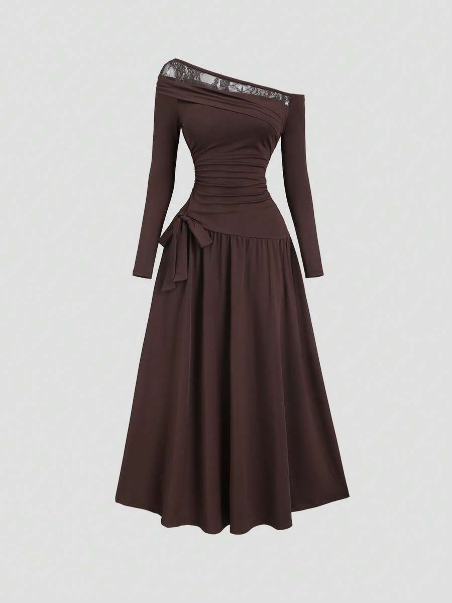 Sweetra 女士新款优雅撞色蕾丝纯色蝴蝶结长袖弹力中长连衣裙 - 棕色 - 查看 1