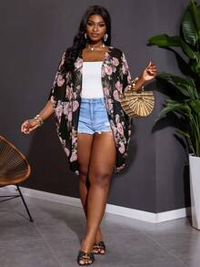 SHEIN CURVE+ Plus Size Women's Summer Beach Country Concert Women's Floral Kimono Hawaiian Shirt - Multicolor - View 7