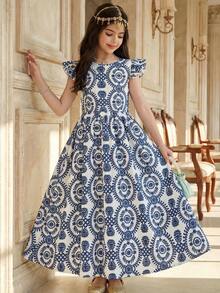 SHEIN Tween Girl Woven Blue & White Print Round Neck Ruffle Sleeve Cinched Waist Mid-Length Dress, Suitable For Travel, Vacation, Countryside Style, Casual, Boho, Matching Sister & Daughter, Blue Dress - Blue and White - View 4