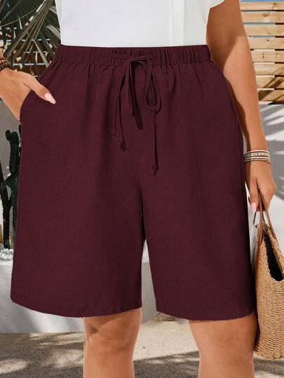 EMERY ROSE Plus Size Women's Summer Casual Vacation Country Solid Color Bermuda Shorts, Solid Color Side Pockets, Loose Knee-Length Mid-Waist, Basic Fashion,Summer Holiday,Spring Break Outfits ,Vacation Outfits Women ,Holiday Outfits For Women,Going Out Outfits,2026 New Clothes,Simple And Fashionable For Everyday Wear,Suitable For Summer, Vacation,  Daily Wear ,Burgundy Shorts, Women Summer Shorts, Elastic Waist Shorts, Casual Shorts,Wine Red Short,Beach Outfits For Women
