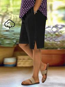 EMERY ROSE 大码女士休闲百慕大短裤，街头风及膝自然白，带口袋，柔软舒适，略带弹性，适合休闲穿着、音乐节、波西米亚风/夏季/春季/度假。 - 黑色 - 查看 1