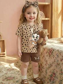 SHEIN 2pcs/Set Cute Rabbit & Leopard Print Top And Tight Shorts Set, Casual Loose Round Neck Short Sleeve T-Shirt And Leggings Outfit For Baby Girls, Suitable For Spring/Summer Daily Wear, Travel, Matching, Home, Vacation, Outdoor, Farm, Chill - Multicolor - View 7