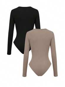 EMERY ROSE 2pcs Women Square Neck Long Sleeve Ribbed Casual T-Shirt And Bodysuit Set