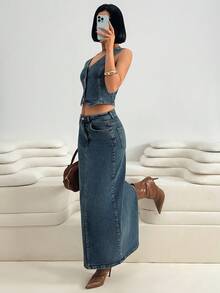 SHEIN Woman Denim Two Pieces Vest And Skirt Set Comfort Stretch Fabric - Medium Wash - View 3