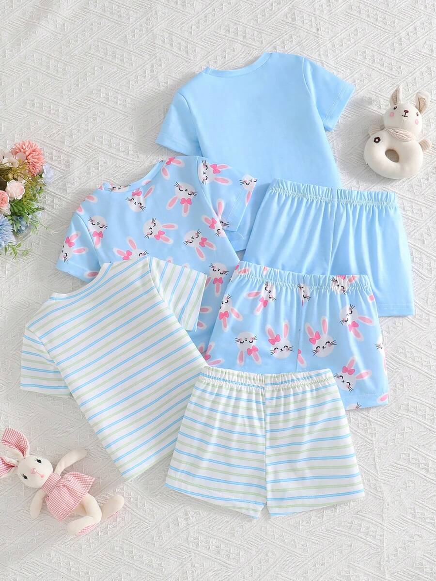 SHEIN Vintaside Kids 6件套女婴新生儿幼儿0-3岁春夏新款可爱兔子纯色条纹T恤短裤套装