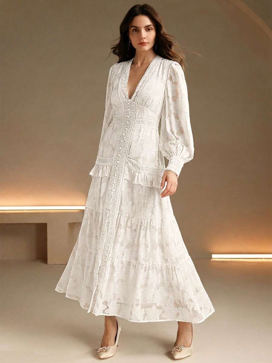 Anewsta 女士奢华新年圣诞连衣裙，优雅派对礼服，感恩节服装，法式褶皱V领泡泡袖修身连衣裙 - 杏色 - 查看 1