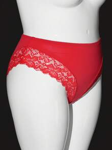 SHEIN Plus Size Sexy Lace Patchwork Panties, Valentine's Day - Red - View 3