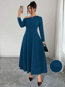 Elenzga Vestido de línea A de manga larga con cuello alto, ajuste de cintura, hombro asimétrico y bajo irregular, de punto suave y elegante para salir, fiestas, citas y uso diario, talla grande - Agua verde azul - Ver 4